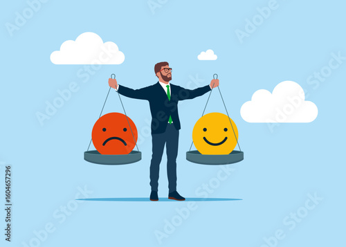 Businessman as a scale. Worker balances good and bad mood on the scales. Emotional balance. Modern vector illustration in flat style