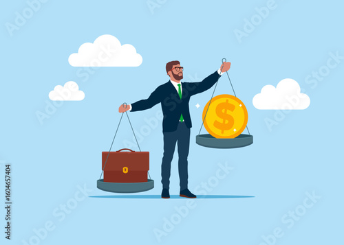 Businessman as a scale. Business success. Money on the scale. How much does the job cost, portfolio, equal pay, fair pay. Flat vector illustration 
