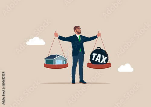 Businessman in the role scale. Mortgage on the house and Tax balance on the scale. Flat vector illustration