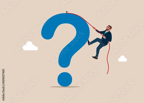 Businessman climb rope to top of question mark. Thinking of who what where when why and how. Asking questions for solution to solve problem, business analysis to new idea. Flat vector illustration