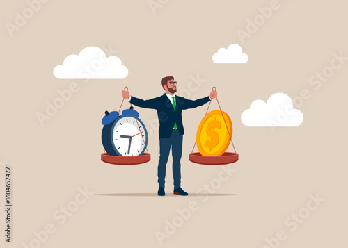 The businessman acts as a scale and weighs the balance. Time value. Comparison between time and money, business concept. Modern vector illustration in flat style