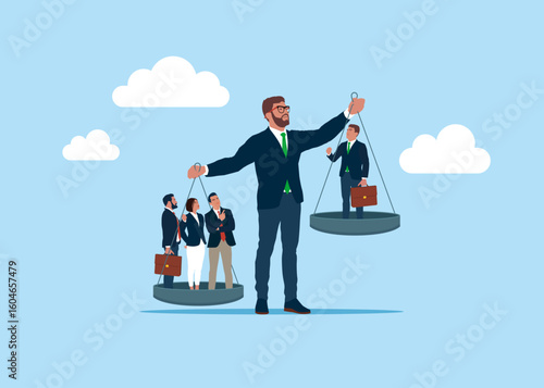 The businessman acts as a scale and weighs the balance. Balance and justice for leadership. Mutual benefit and success. Legal counselor. Flat vector illustration 