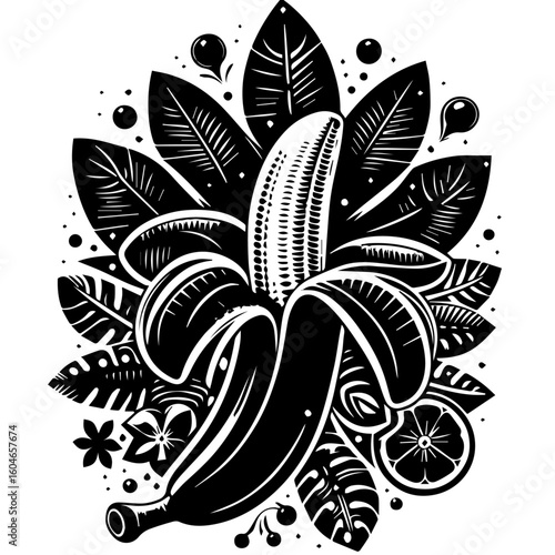 Stylized Black and White Banana with Tropical Leaves.