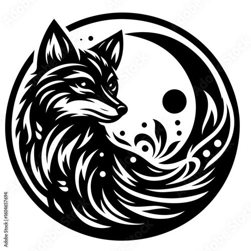 Wallpaper Mural Stylized Black and White Fox in Circular Design. Torontodigital.ca