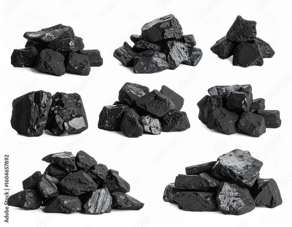 Naklejka premium Piles of coal isolated against a white background