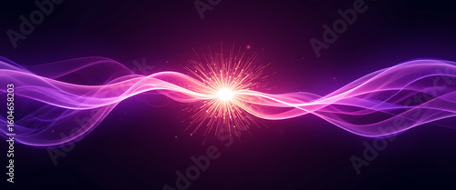 abstract multiple musical rythem wavy transparent glowing purple and pink gradient line in shimmering style collided each other and make sparkling golden fire on the spreading, spreading lights across