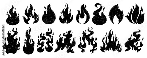 Hand Drawn Fire Element Set. Black Sketchy Flame Vector Doodle Collection. Pencil Sketch Bonfire.