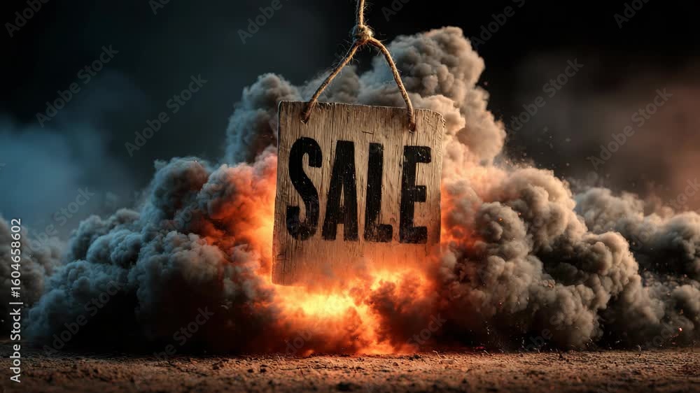 Wooden sale sign hanging on rope over explosion with smoke and fire on a dark background, concept of extreme discount and urgency