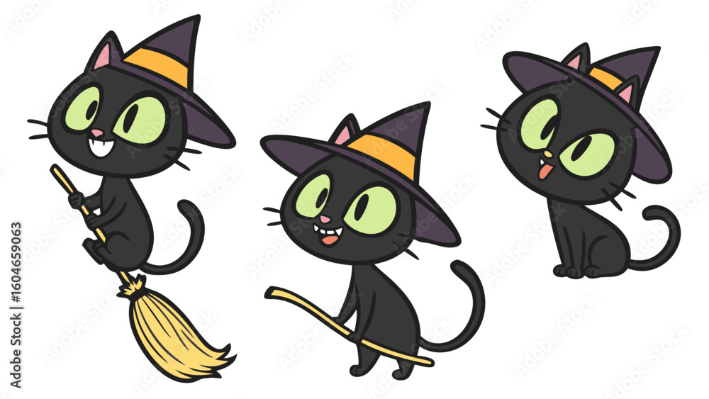 Fototapeta premium Three cartoon black cats wearing witch hats and with one cat riding a broomstick in halloween style