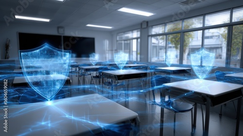 A modern classroom empty of students, featuring digital shield icons symbolizing cybersecurity and protection in an educational environment.