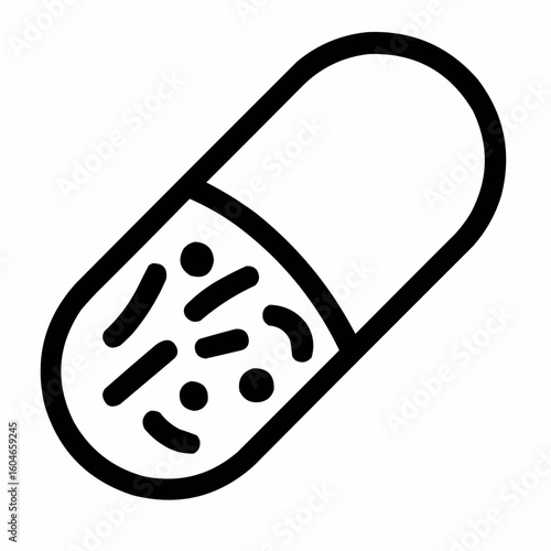 Probiotics. Capsule containing bacterial colony diagram. Gut flora visual