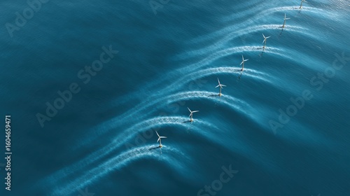 Aerial view of a line of wind turbines in the ocean creating ripples in the water at sunrise or sunset.