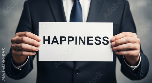 Businessman Holding Happiness Sign White Card Dark Suit