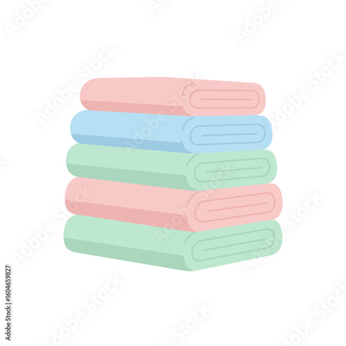 Stack of pastel colored folded towels, pink, blue, and green, neatly arranged