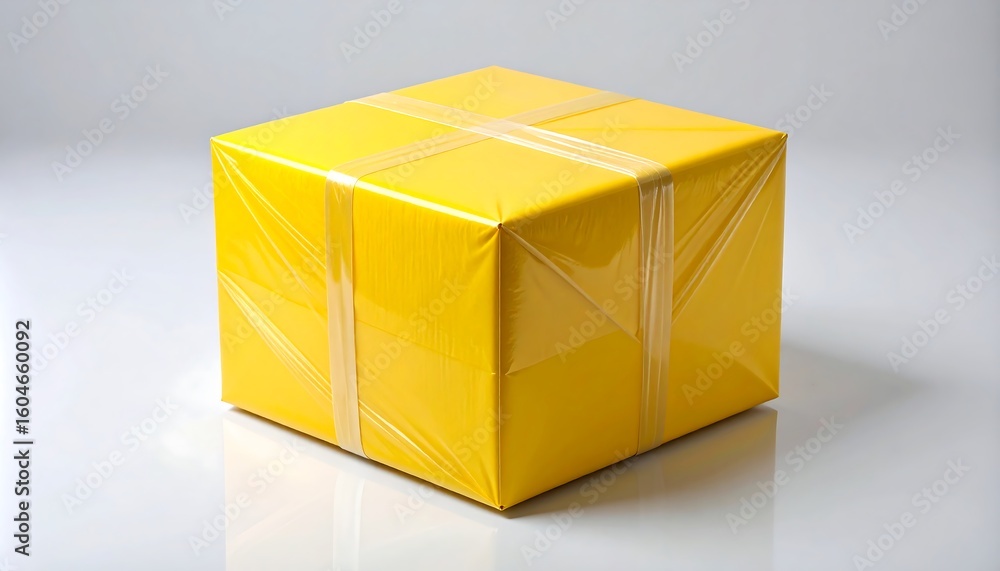 Fototapeta premium Bright yellow box wrapped in clear plastic tape