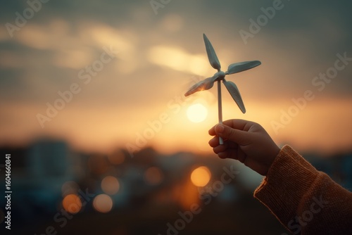 Child holds a small wind toy at sunset