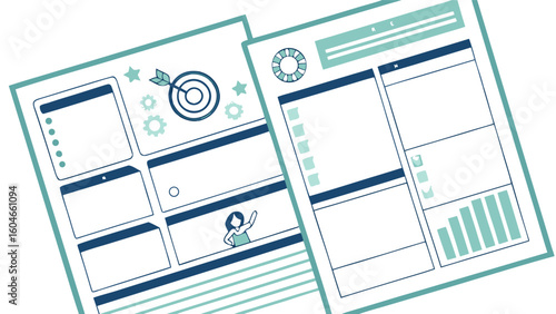 Illustration of two tilted white pages filled with teal and dark blue boxes and icons for organization
