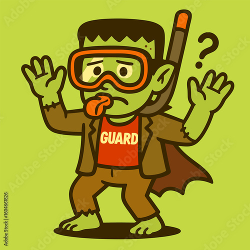 A puzzled Frankenstein lifts his arms while trying on a snorkel mask, standing awkwardly against a lime green background in a spooky-cute cartoon style.