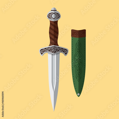 Drawing of a Viking Dagger with Ornate Handle and Green Sheath