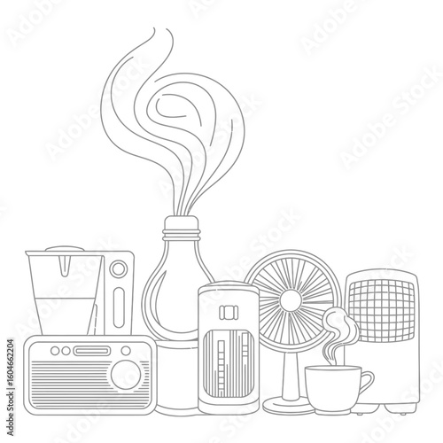 Collection of vintage electronic appliances and a steaming bottle