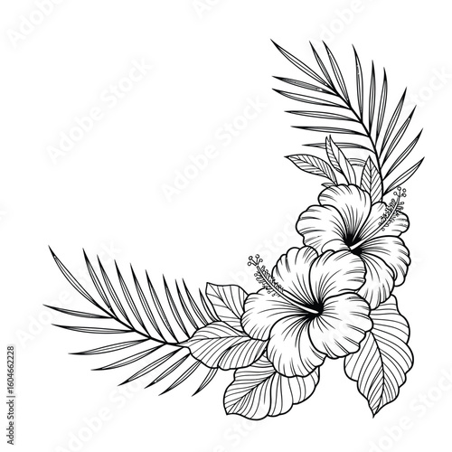 Elegant hand drawn tropical floral corner design with hibiscus and palm leaves