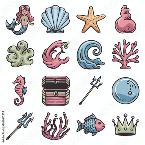 Magical ocean treasures discover mermaid, starfish, shells, and treasure chest