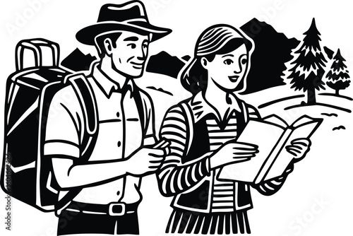 tourist couple checking directions