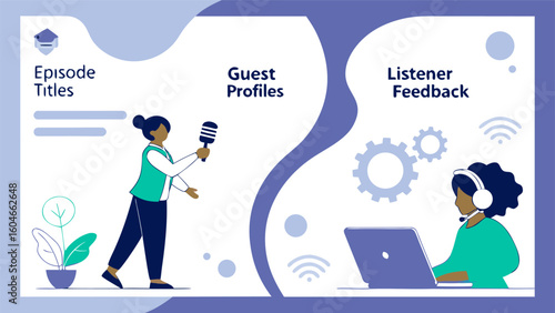 Illustration of podcast sections with episode titles, guest profiles and listener feedback shown