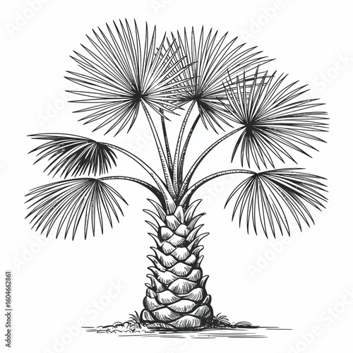 Detailed hand drawn illustration of a fan palm tree