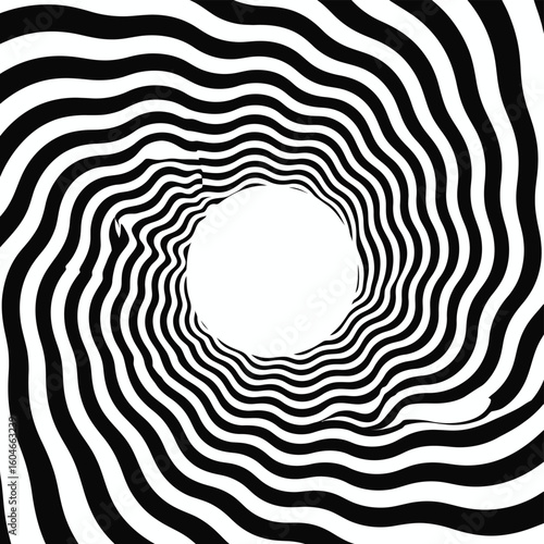 Hypnotic black and white spiral tunnel optical illusion