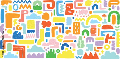 Collection of funky doodle childish style figures and geometric shapes drawn by colored crayon.