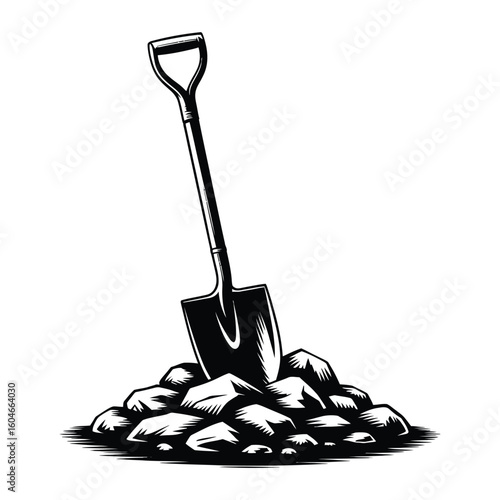 Vintage shovel stuck in a pile of rocks illustration