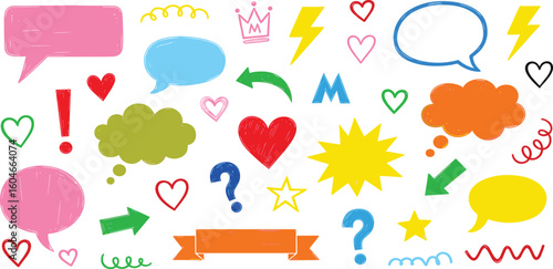 Funky naive doodle shapes and stickers in colorful kid's style. Crayon drawn doodle shapes and figures for childish collages. 