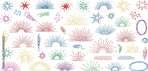 Colorful doodle sunburst, movement icons, comic expression elements. Crayon drawn sketch doodle explosive element.