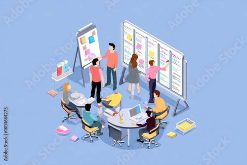 Isometric team brainstorming around sticky note boards