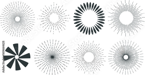 Crayon drawn circle sunburst shapes collection. Vector ink illustration of sun beams, attention emphasis circles. Decorative doodle funky round shapes