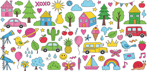 Crayon drawn kid cute doodle set. Colorful funky doodle shapes, cars,
