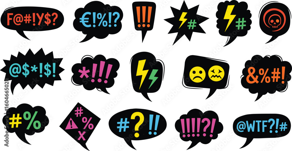 Crayon drawn punk style speech bubbles with abstract swear words. Crayon drawn punk style speech bubbles with abstract swear words.