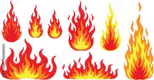 Crayon drawn red fire flames icons collection. Hand drawn doodle flames stickers.