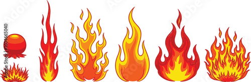 Crayon drawn red fire flames icons collection. Hand drawn doodle flames stickers.