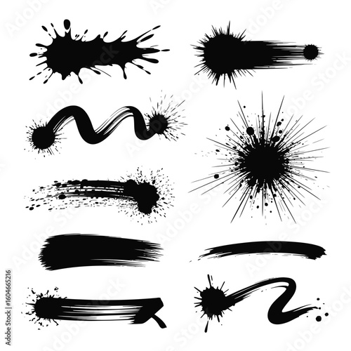 Collection of black ink splatters and brush strokes on white background