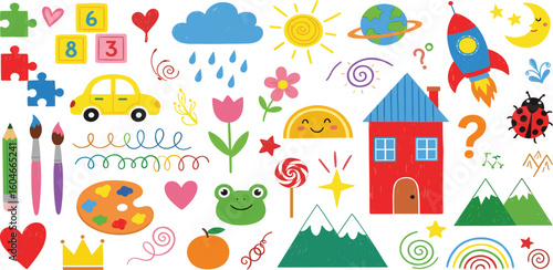 Children school, kindergarten vector doodle set. Crayon drawn cute funky shapes and childish illustrations. 