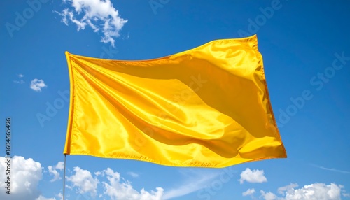 Bright yellow flag billowing in a clear blue sky