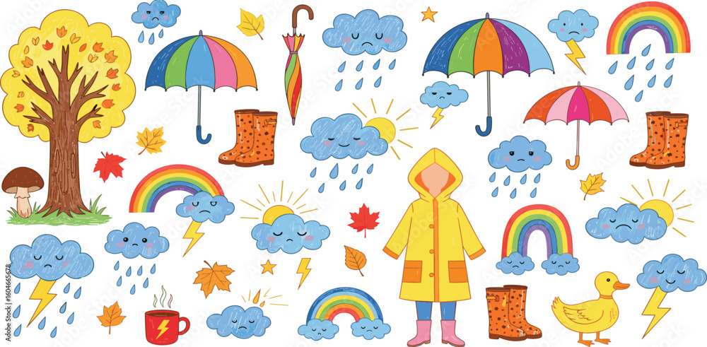 Obraz premium Multi colored crayon drawn childish icons. Clouds, rainy weather stickers, umbrellas, rainbow, forest