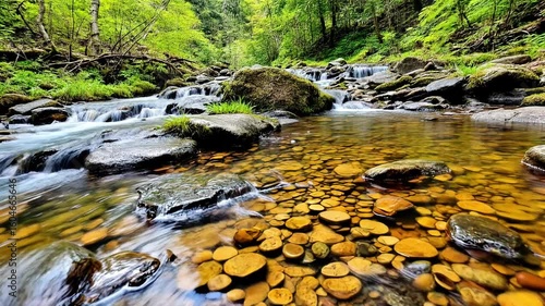 Stream and small waterfall flowing through a forest with rocks and lush greenery, High-quality landscape nature video footage