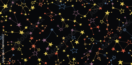 Night sky seamless pattern with colorful constellations and stars. Crayon drawn doodle starry background. Funky childish constellations seamless banner background. 
