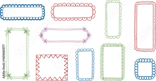 Pastel colored doodle crayon drawn whimsical frames with spiral, wavy lines, zigzag and dots. Line art cute childish funky frames.