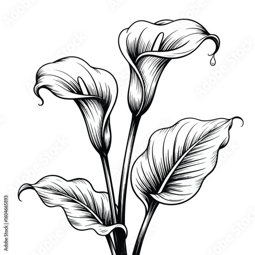 Elegant black and white sketch of three calla lily flowers with leaves