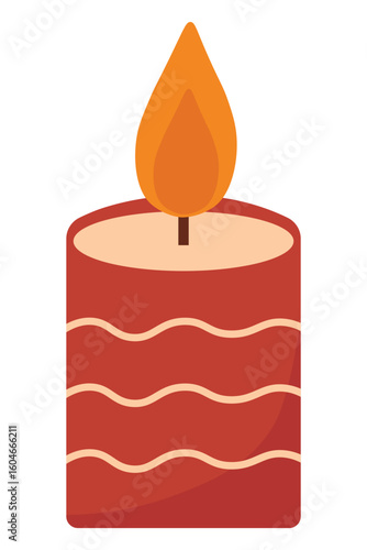 Red Striped Candle with Flame Flat Design. Decorative Wax Candle for Festive Ambiance Graphic