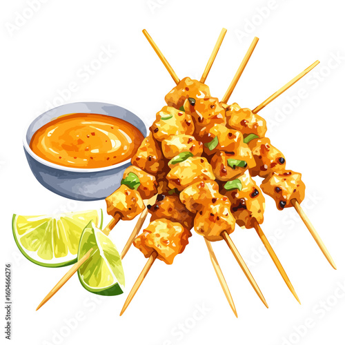 A delicious pile of grilled chicken satay skewers with a side of creamy peanut sauce and fresh lime wedges.